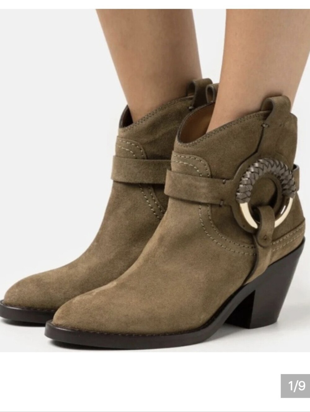 See By Chloe Hana Olive Suede Western Ankle Bootie 37